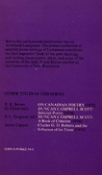 back cover of Archibald Lampman, selected Prose of